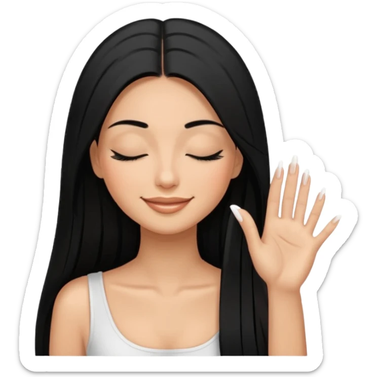 Beautiful woman with long straight black hair, tan skin, closed eyes, smiling, with long eyelashes and white nails, classy elegant style. sticker