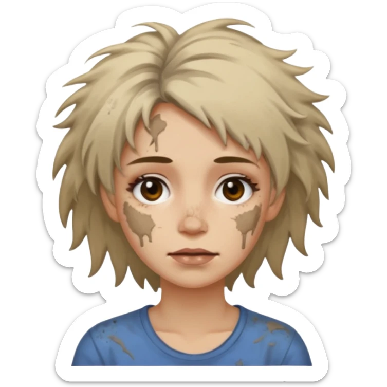 very dirty looking homeless woman very very dirty and smelly looking face only, not old with grey smudges everywhere and messy hair and lots of stains on face ugly and smudged face on forehead and chin sticker