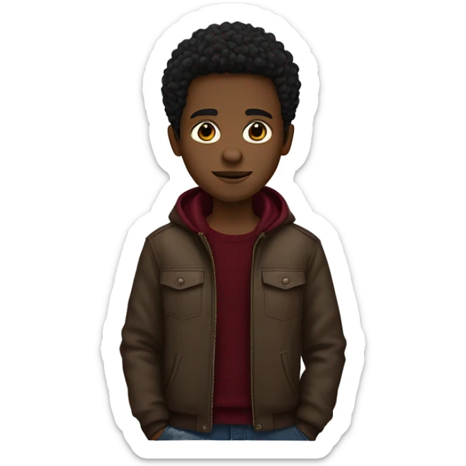 black boy, tight to the head black brown hair, brown eyes, brown jacket, burgundy sweater sticker