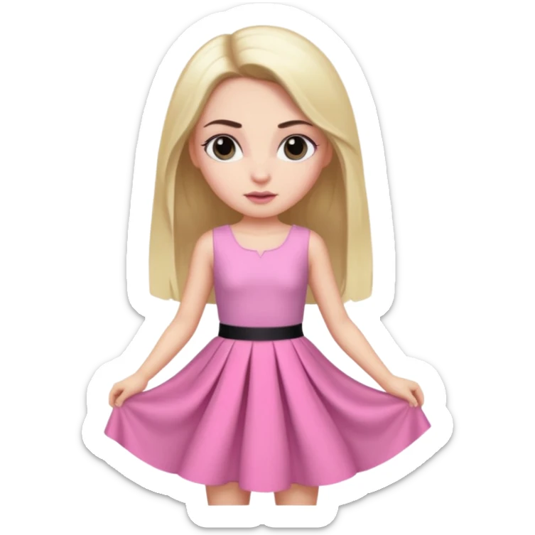 A photo of a white-skinned girl with black eyes and eyebrows and long bare hair, a beautiful pink skirt dress that has a lot of glamour and looks almost like a prince sticker