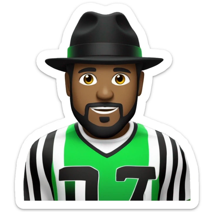 guy with a black hat and black beard, wearing a green and white striped football kit, DJing sticker
