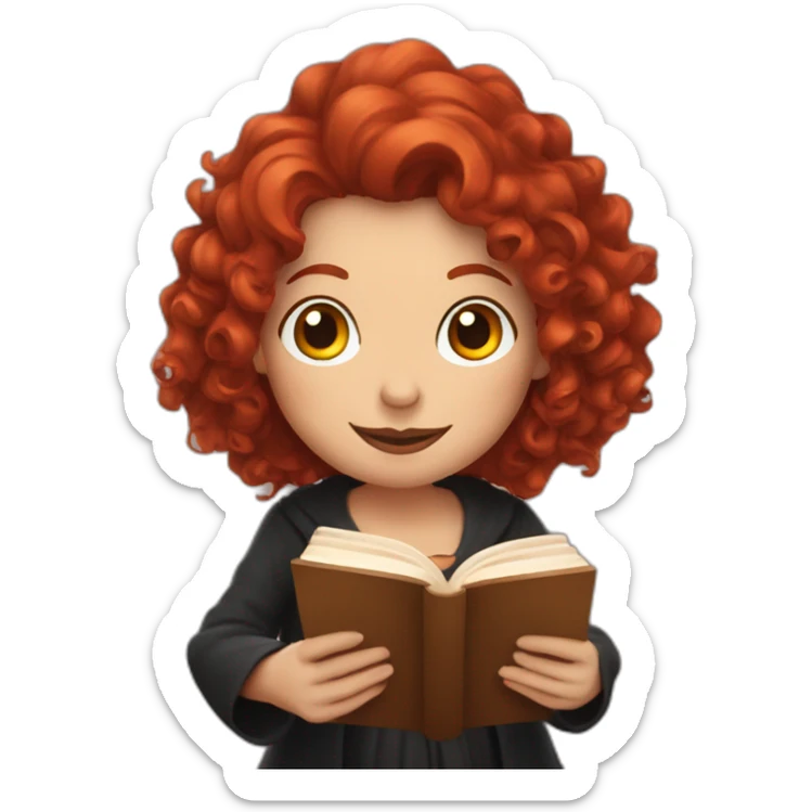 a witch with red curly hair to the shoulders reading a book and drinking coffee sticker