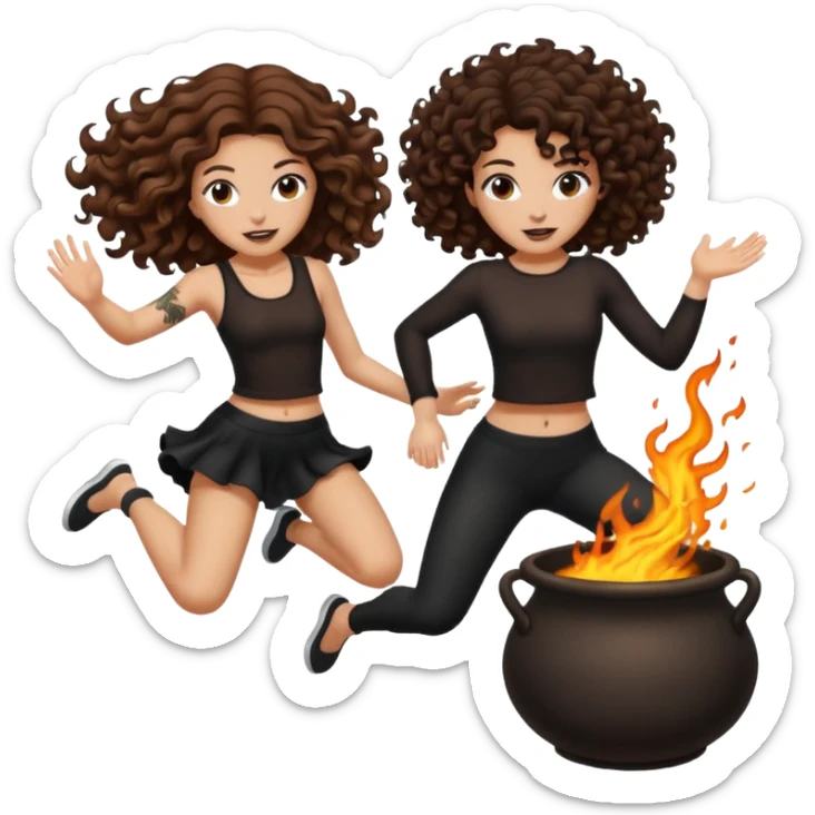 cauldron burst — long wavy brown hair tattooed woman and short tight curly brown hair woman — jumping back sticker