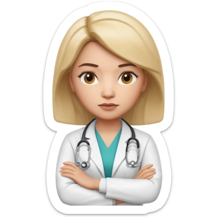 3D memoji style female doctor in medical coat, arms crossed, serious but calm expression, slightly raised eyebrow, professional look, centered, isolated, PNG, transparent background sticker