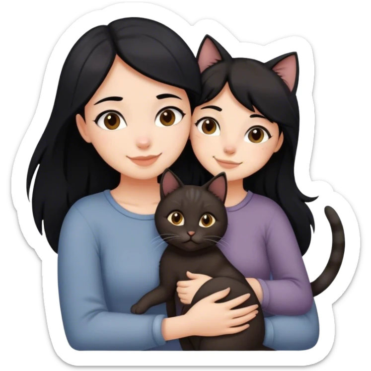 happy girl with black hair hugging three cats  (dark brown cat, full gray cat, brown calico cat) sticker