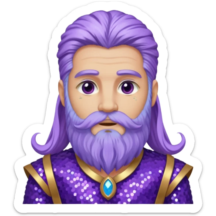 Jupiter from Ancient Gods with lilac skin, long periwinkle hair and beard, purple sequin outfit sticker
