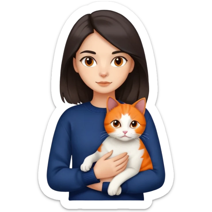 a girl who has dark medium brunette silky hair color with ivory skin color and has dark brown eyes and has dark brown eyebrows wearing an dark blue sweather and holding on her arm is a tricolor cat who has black orange and white colors on it  sticker