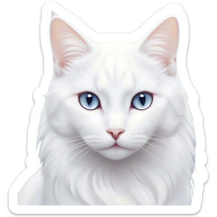 Cinematic Noble White Cat Portrait Emoji, Poised and stately, with a pristine, snow-white fur accented by delicate hints of silver, refined whiskers and a serene, focused gaze, simplified yet impeccably detailed, glowing with an ethereal radiance and timeless elegance, high shine, exuding calm intelligence and regal simplicity, soft glowing outline, capturing the essence of a noble white cat that radiates quiet majesty! sticker
