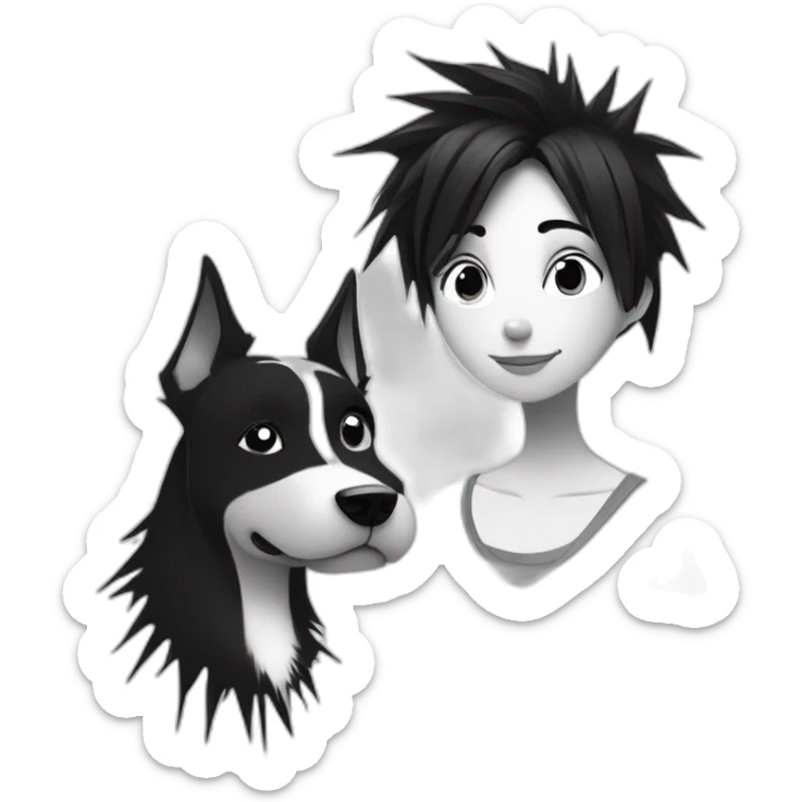 dog and a dark-haired girl with spiky hair looking at each other in style of ((sarah andersen)), black and white sticker