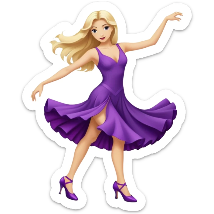 long blonde hair, dancing a tango in a purple dress and purple heels  sticker