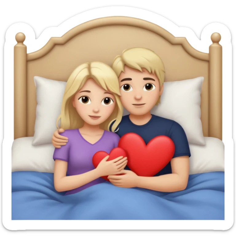 two people cuddling in bed. man has dark hair. woman is blonde. hearts surrounding them. sticker