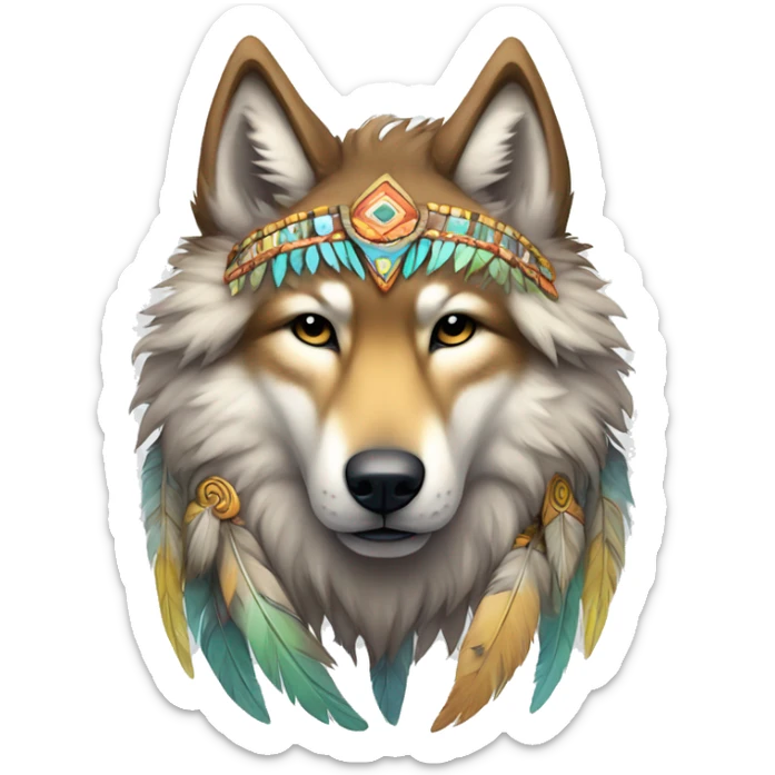 Fluffy Shy Colorful Spiritual Shamanic Wolf With Shiny Tribal Markings wearing feathers Full Body sticker