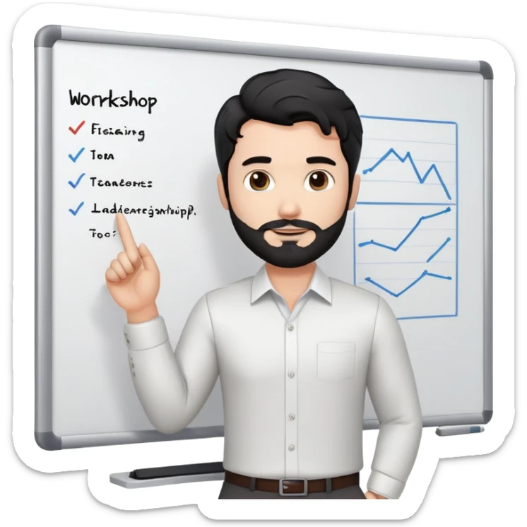 Professional 35-year-old man with black wavy hair, stubble, strong jawline, white skin tone, wearing smart casual business attire, standing in front of a diverse group, facilitating an interactive leadership workshop with whiteboard and participants sticker