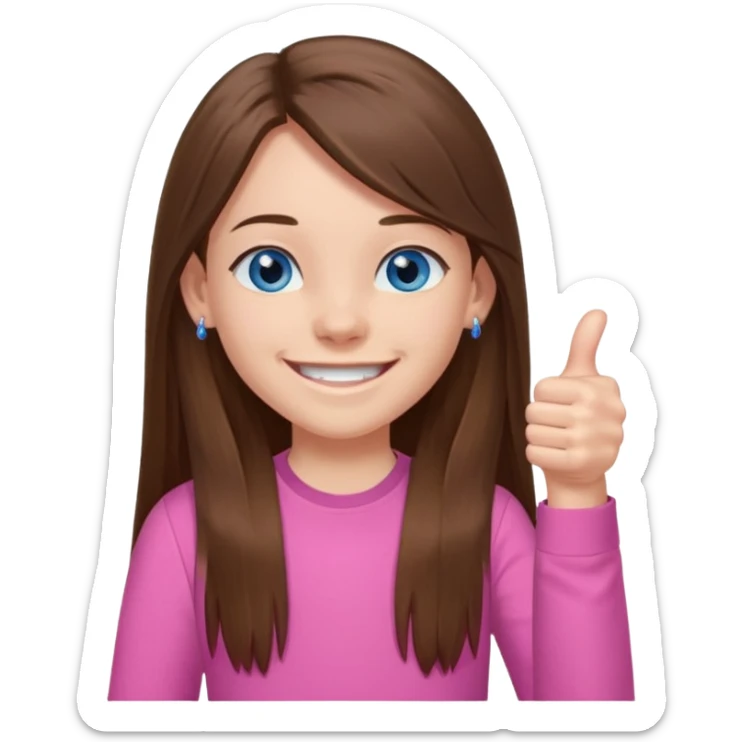 11 year old girl, blue eyes, brown long ish straight hair, smile and two thumbss up with stud earings and a pink shirt, and that you can see my whole body, and no teeth in my smile sticker