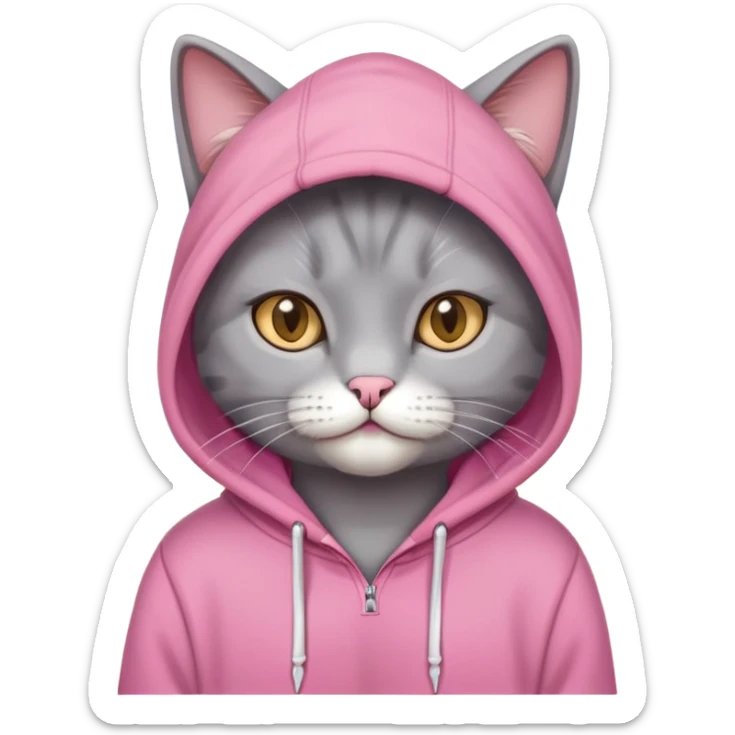 grey cat wearing a pink hoodie on the beach sticker