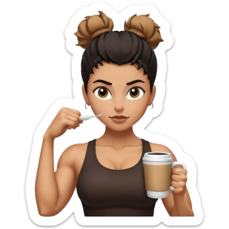 Caramel skinned toned female with black messy bun and coffee colored almond shaped eyes; flexing muscular toned biceps sticker