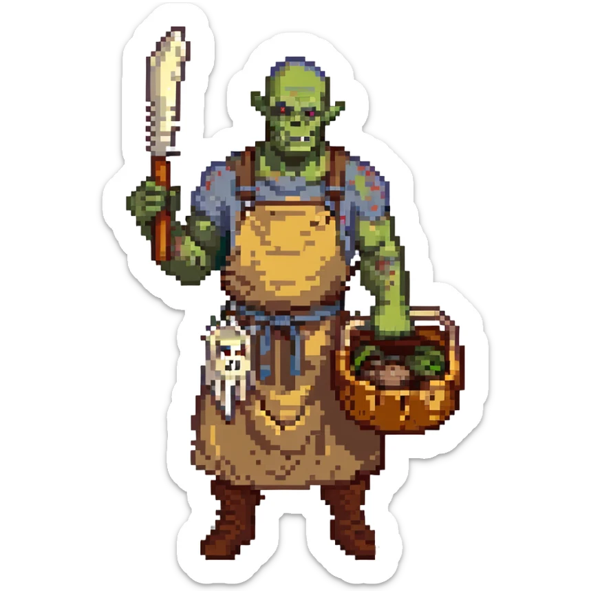orc male Apron with "Kiss the Cook" (scratched out, replaced with "Fear the Cook"), giant rib bone as a weapon. sticker