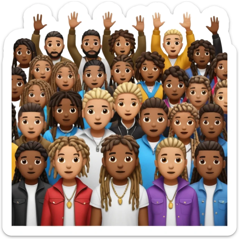 Crowd of fans consisting of African American men with dreadlocks and And African men's with low top and high top curly taper fade haircuts and African American women with braids all in crowd enjoying concert sticker