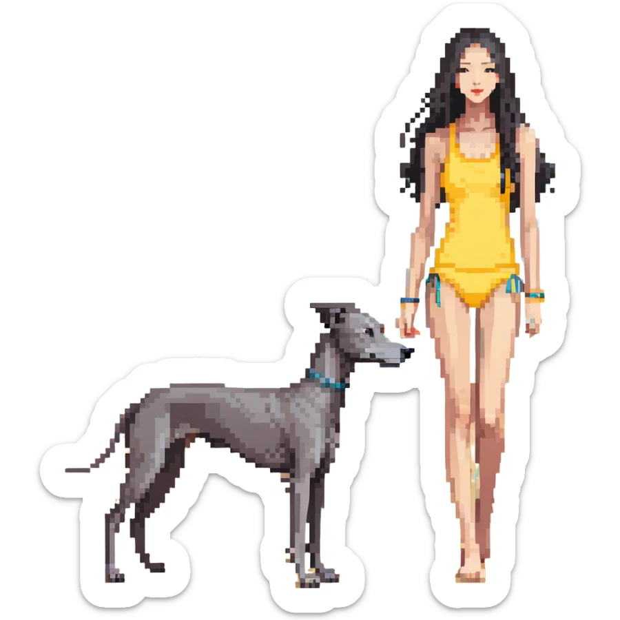 Slim Chinese woman with long black hair in appropriate beach attire at the beach with her completely solid grey Italian greyhound, ocean and sand visible, the dog has absolutely no white markings anywhere sticker