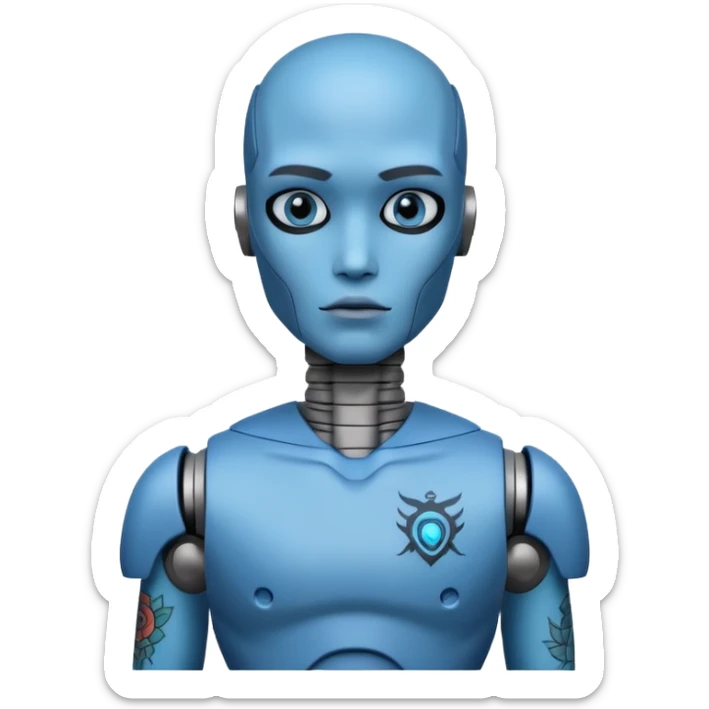 blue Tatooed robot, big many tatooes on chest, neck and face, tatoo on face sticker