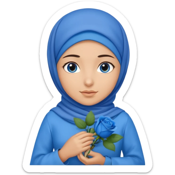 Turkish beautiful finish Konya girl blue eyes with blue hijab islamic dress and had on her hand blue rose bag sticker