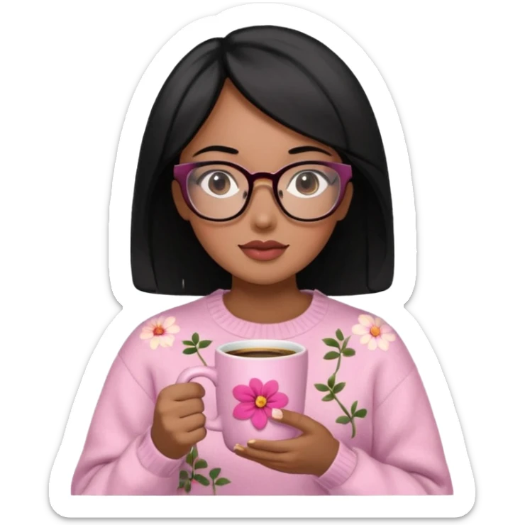 Chica de pelo negro ojos negros y piel morena con lentes oversize square GAFAS DE LEER BIEN GRANDES , en la mano derecha una taza de cafe en color rosa con una flor negra de diseno. Sentada mirando un drama koreano en la television.  sticker