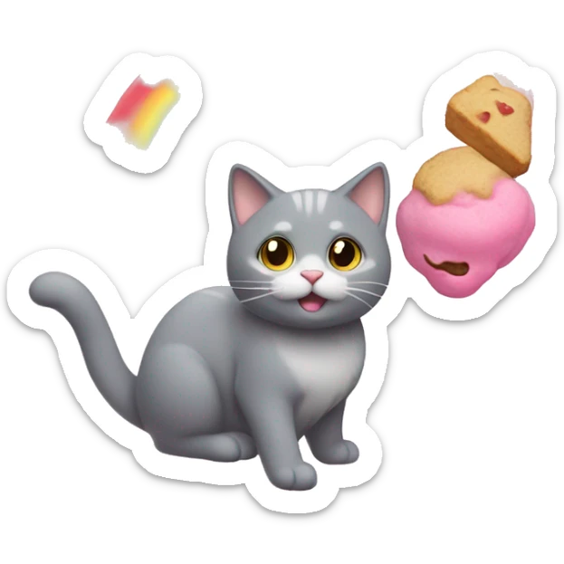 A gray cat with a happy face. Its body is a pink frosted cookie with paws sticking out. A rainbow trail follows behind, showing it's flying through space sticker