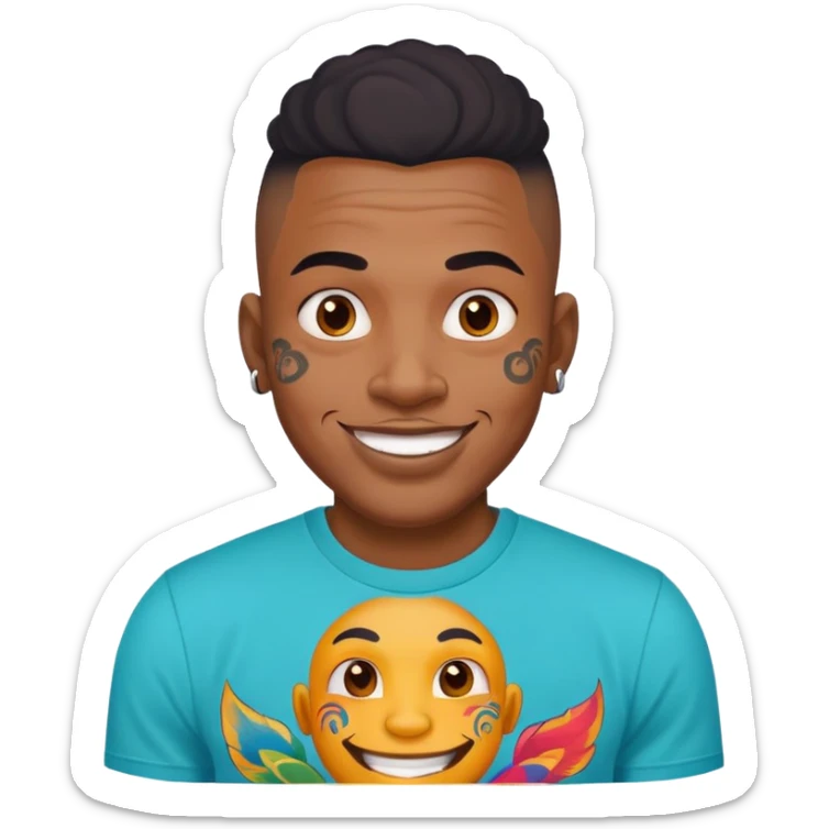black man with bold face tattoos, happy face, wearing a colorful t-shirt sticker