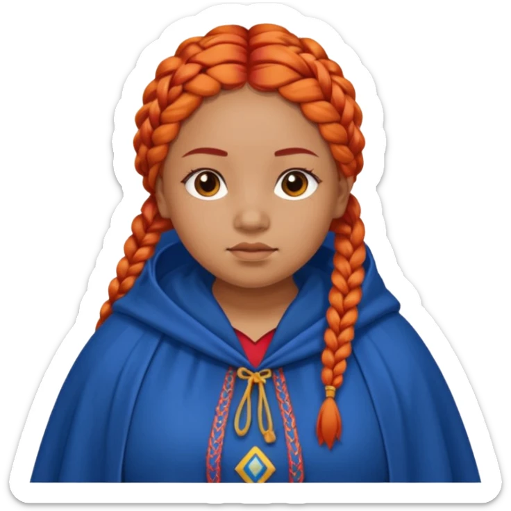 red orange braids hair girl, tan skin, fat, wear blue cloak sticker