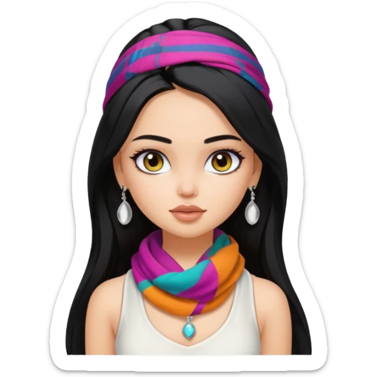 a pretty bratz girl with long black hair, kajal under eyes, small silver jhumkas. White tank top on. Colourful scarf around neck sticker