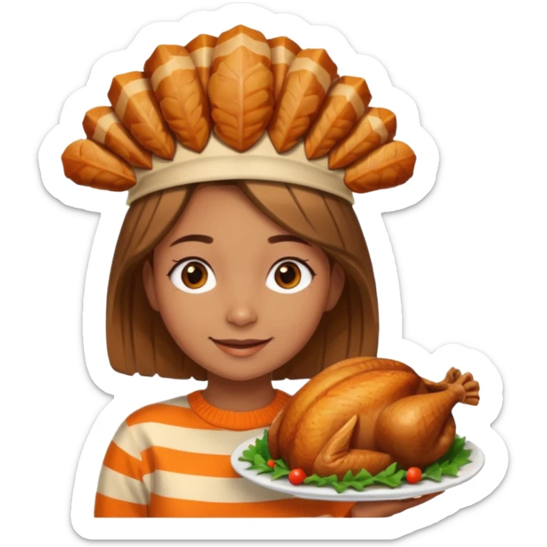 happy tan girl with an orange striped sweater and a cooked browned turkey on her head  sticker