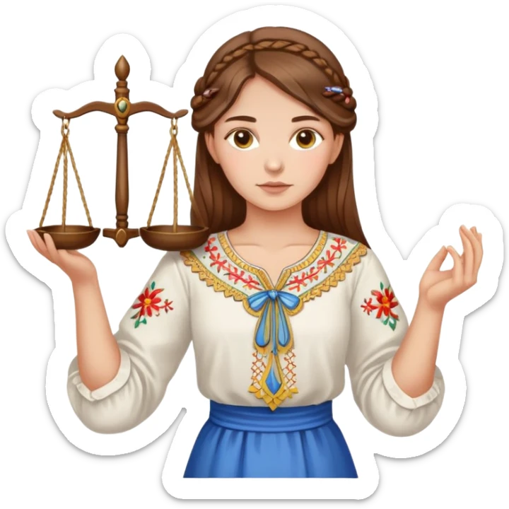 Ukrainian girl with brown hair wearing traditional embroidered shirt (vyshyvanka) holding scales of justice in her hand sticker