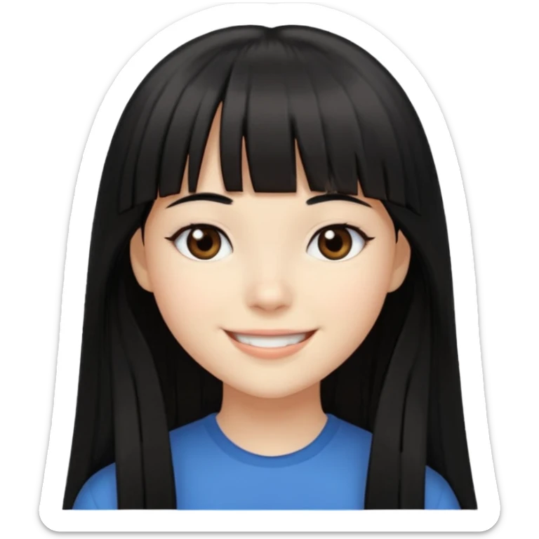 Girl with fair skintone, long straight black hair with bangs, and dark brown eyes, smiling, sticker