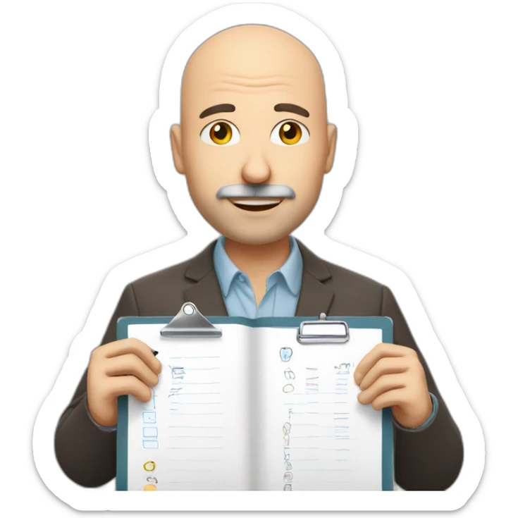 middleage bald male white with some facial hair holding checklist with a pen sticker