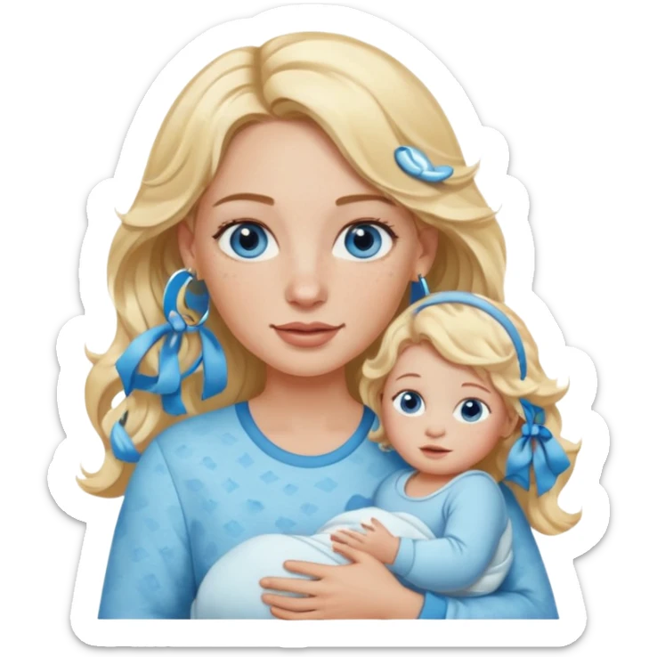 Wavy blonde, white woman with blue eyes, freckles hoop earrings, holding babies sticker
