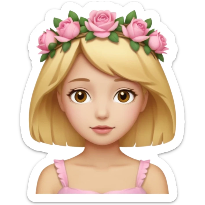Light golden skin female, short honey-blonde hair, wearing a soft pink rose crown. sticker