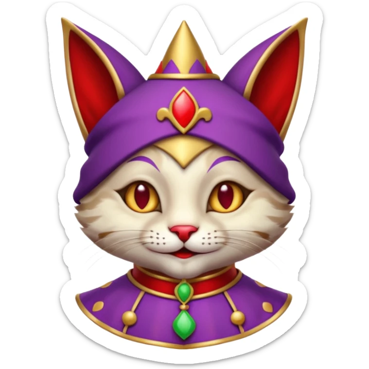 crazy colorful cute little cat jolly joker from poker, medieval, vintage, court jester, mac os icon, purple and red color, gold inserts, half body sticker