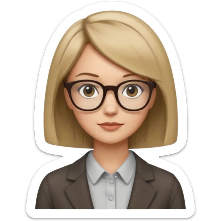 woman dark blonde petite bob haircut wears dark squarish glasses, classic clothes sticker