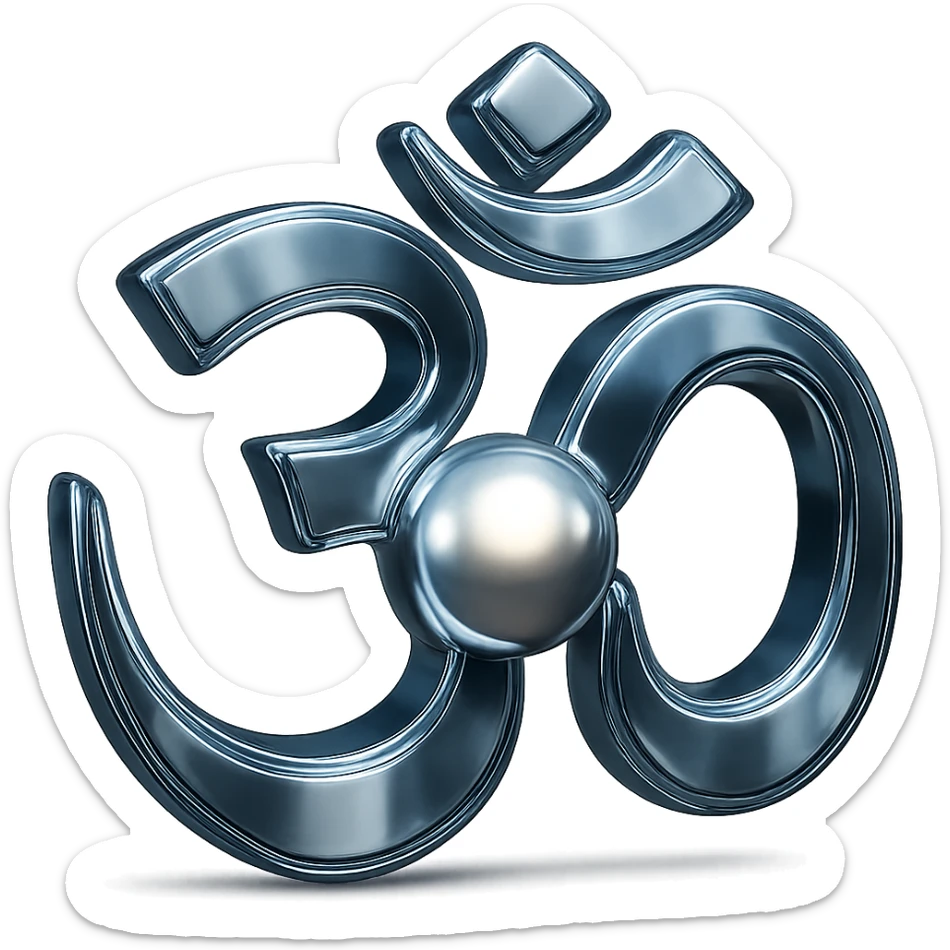 Place a glowing chrome sphere in the center of the Om symbol, keep the style futuristic and polished, with no background. sticker