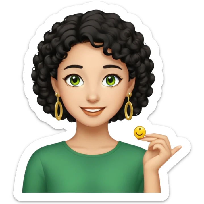 girl showing happiness, medium skin tone, short curly black hair, gold earrings, green eyes Minimal emoji showing happiness, medium skin tone, short curly black hair, gold earrings, green eyes sticker