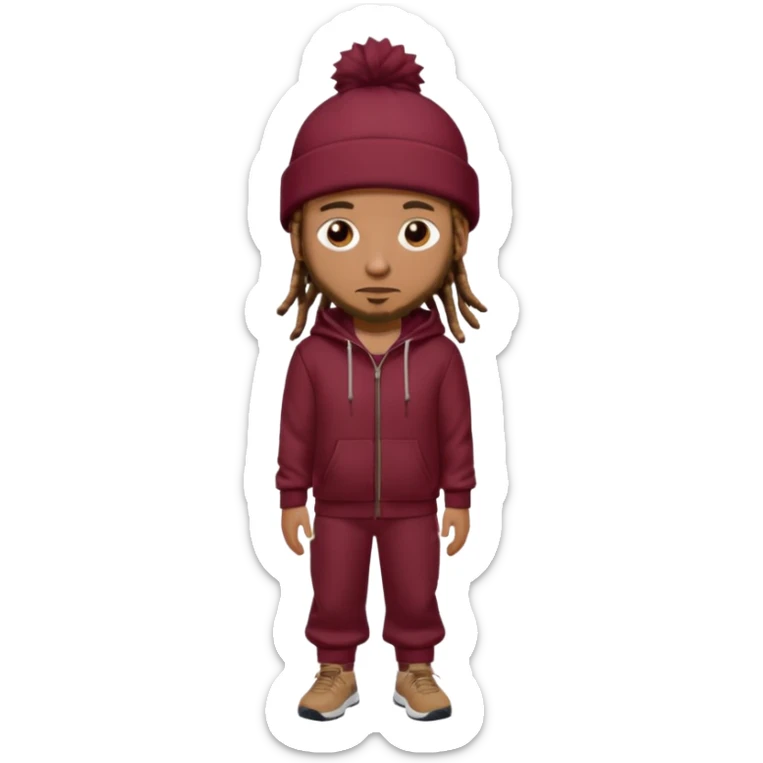 Animate a caramel skinned male with brown dreads and a tan colored  beanie. Wearing a burgundy tracksuit on with no beard  sticker