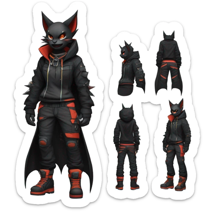 Cool Anthro Black Bat-Nargacuga-Litten-Lynx-Pokémon with edgy stripes hoodie spiked collar punk techwear Cargo Pants Full Body sticker
