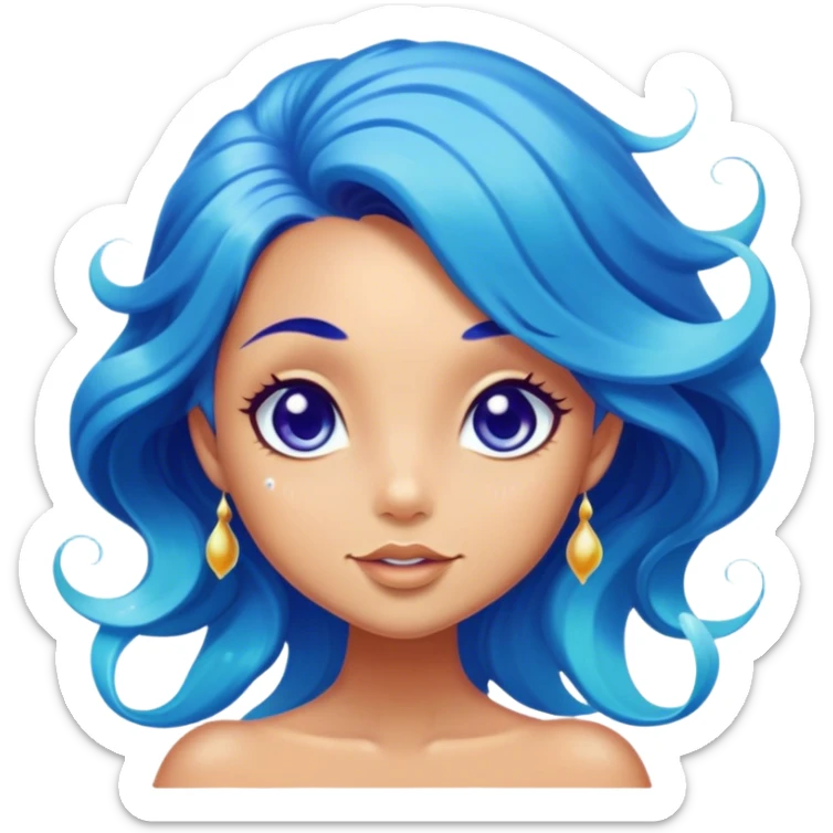 Cinematic Realistic Blue Hair Mermaid Portrait, head tilted playfully and inquisitively, showcasing a delicate, tropical form with finely detailed, flowing blue hair contrasting beautifully against her sun-kissed tanned skin. Her bright, curious eyes sparkle like sea gems under warm filtered light, rendered with lifelike clarity and soft underwater illumination—capturing the essence of a spirited mermaid poised to dance playfully amidst coral reefs. sticker