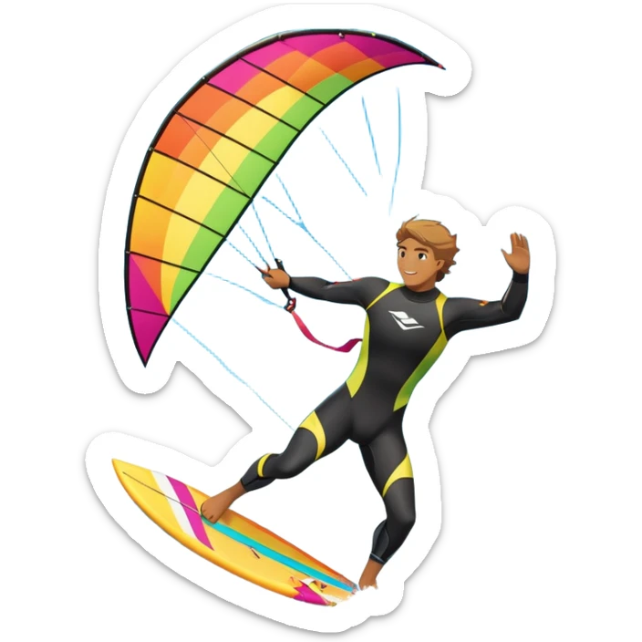 A kite surfer gliding across the ocean, with a colorful kite soaring high in the sky and the surfer carving through the waves. The scene captures the energy and freedom of the sport, with the sun shining and the ocean's waves splashing around. sticker