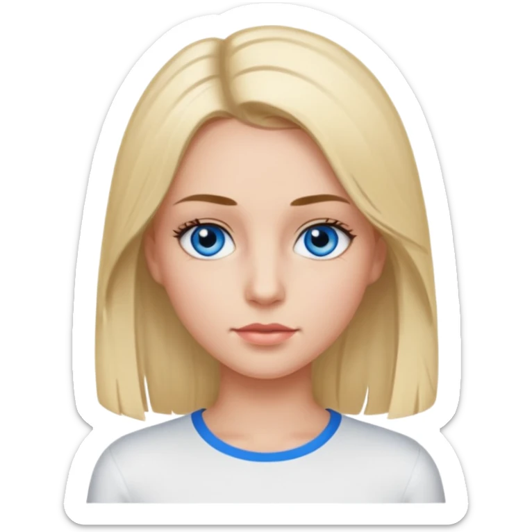 ragazza con capelli piastrati truccata con mascara, occhi azzurri e maglietta attillata bianca a maniche lunghe sticker