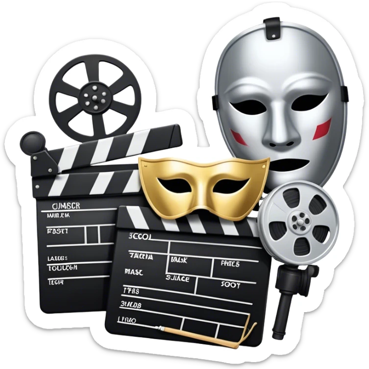 Icon for Acting in Theater and Movie: a stage with a spotlight and cinema, a film camera, a clapperboard and a dramatic mask. The design should represent both theatrical performance and cinematic art. Transparent background. sticker