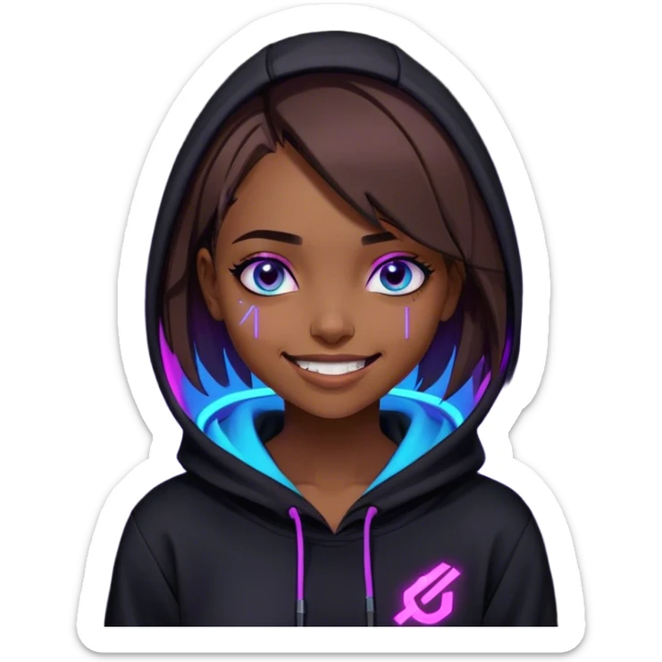 a girl with a brown bob and blue eyes in a black hoodie laughs and holds her head Cyberpunk style. Violet neon. sticker