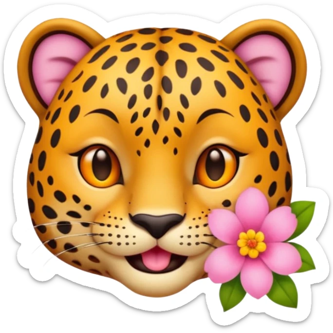 A leopard with smile and mouth closed, A pink flower with a yellow center is tucked behind its right ear
 sticker