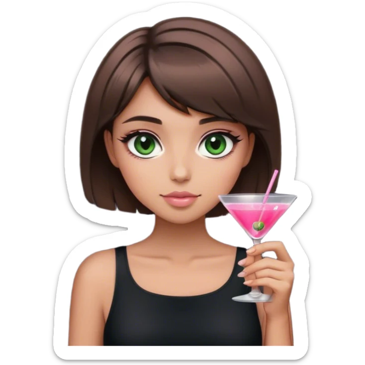 light brunette short hair girl black top holding a pink cosmo dark green eyes sticker