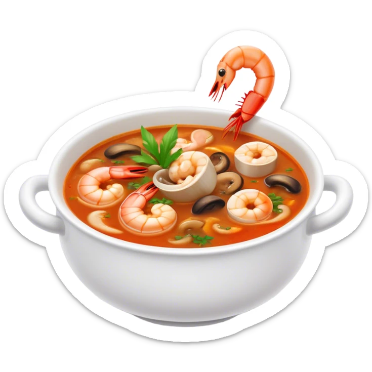 Cinematic Realistic Tom Yam Kung Soup Dish Emoji, showcasing a spicy, sour shrimp soup with herbs and mushrooms rendered with lifelike textures and bold, dynamic lighting. sticker